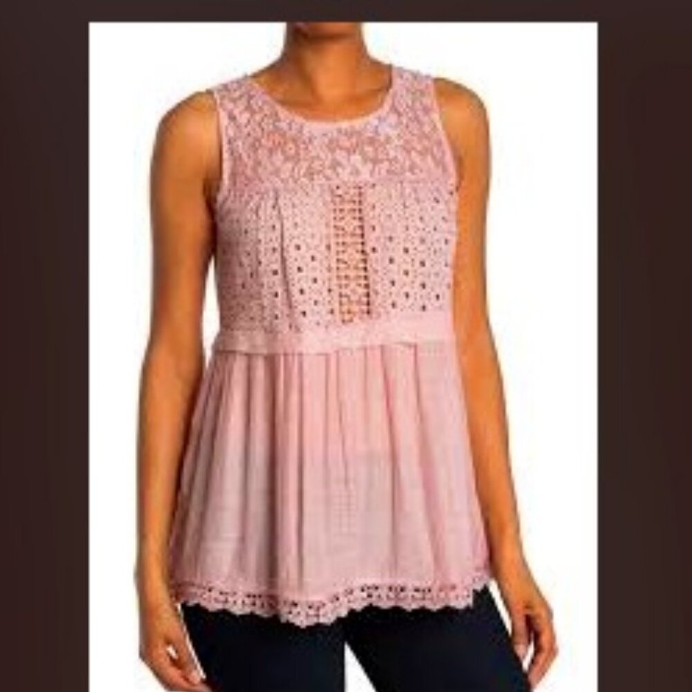 NWT FORGOTTEN GRACE Crochet Lace Sleeveless Babydoll Tunic Top Pink SM